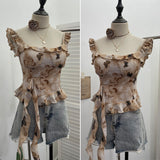 Fongt Shoot French Retro Irregular Lotus With Chest Cushions With Ribbon Sling Vest Summer Chiffon Top 9137