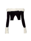 Slash Neck Women Split Sweaters Plush Patchwork Autumn Winter Slim Sexy Pull Femme Basic Solid Korean Fashion Knitwear