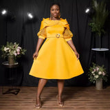 Fongt Bow Perspective Lantern Sleeve Dress Party Party A Skirt Yellow Skirt