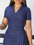 Fongt Women's 2025 Summer New Short-Sleeved V-Necked Waist Solid Color OL Tongle Pencil Dress African Dress