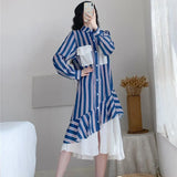 Clothing Striped Spliced Dresses Stylish Asymmetrical Fake Two Pieces Spring Autumn Polo-Neck Single-breasted Midi Dress-Outfit