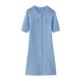 Fongt Women's New Fashion Collar Single Buckle Short Sleeves Thin Knit Mini Dress