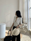 Women Elegant Summer New French Short Sleeve T-shirt Tight Pearl Button Lapel Blouse