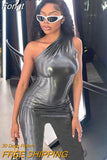 Pu Faux Leather Y2K Clothes One Shoulder Sleeveless Backless Bodycon Skinny Jumpsuit For Women Club Streetwear