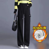 Wide Leg Cargo Pants Women Casual Thicken Baggy Sweatpants Fleece Lined High Waist Pantalones Lace Up Warm Straight