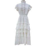 Vintage Solid Dress For Women Stand Collar Sleeveless High Waist Loose Midi Dresses Female Fashion Summer
