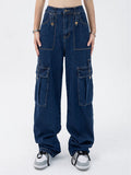 Waist Blue Womens Loose Jeans 2023 Streetwear Fashion Y2K Pockets Straight Leg Denim Trousers Retro Mom Jeans Cargo