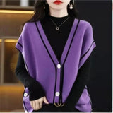Knitted Vest Cardigan Women Elegant V-neck Sleeveless Sweater Tops Casual Knitwear Chaleco Coats New Malhas