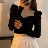 Women Off Shoulder Puff Ruffle Long Sleeve T Shirt Ladies Solid Casual Tops Solid Color-Outfit
