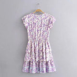 Fongt Cotton Purple Print Short-Sleeved Leaf Sleeve Dress 9982