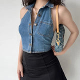 New Retro Sexy Style Tight-fitting Thin Casual Denim Vest Women's Solid Color Lapel Short Tank