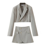 One Button Short Women Blazer Cropped High Waist Irregular Cross Slit Mini Skirt Long Sleeve Suits 2 Pieces Set