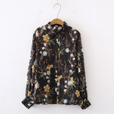 New Women Butterfly Floral Embroidery Lantern Sleeve Chiffon Blouse Button Up Transparent Shirt Casual Sunscreen Tops