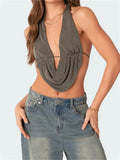 Chic Backless Halter Lace-up Tank Crop Tops for Women Y2K V Neck Ruched Camis Fairy Grunge Vintage Mini Vest Clubwear-Outfit