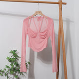 Sexy Hot Tie Tie With Hanging Neck Long-Sleeved Mesh T-Shirt Repair Short Open Fork Cuff Top