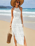 Fongt Beach Dress Hollow Knitted Neck Sling Sexy Bare Back Fork Long Tie-Shirt Woman