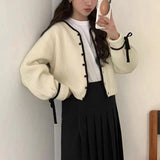 Fongt Retro Simple Temperament Knit Cardigan Female Sleeve Lace Spell Color Edge Single Breasted Soft Waxy Long Sleeve Jacket-Outfit