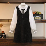 Women French Vintage Dresses Sets Korean Casual Turn Down Collar Long Sleeve Blouse+tweed Vest Dress Two Pieces