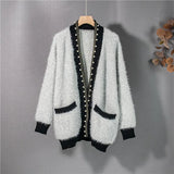 New 2021 Women's Autumn Winter Sweaters Fashionable Elegant Oversized Cardigans Pearls Pockets Vintage Tops