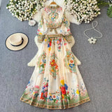 Fongt Style Suit Female French Bow Tie With Short-Sleeved Blouse Buckle Print Skirt