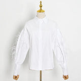 Casual Patchwork Feather Blouse For Women Lapel Lantern Sleeve White Solid Shirt Female Fashion New Clothing