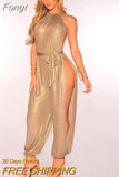 Sexy Gold Metallic Slit Leg Harem Jumpsuits Rompers Stylish Halter V Neck Keyhole Bandage Jumpsuits Overalls
