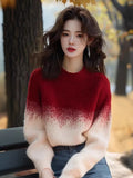 Fongt Red Apricot Gradient Round-Neck Sweater Women's 2025 New Winter Knitted Shirt Unique Super-Looking Top