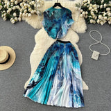 Blooming Printed Skirt Suit Women's New Thread Temperament Half-high Collar Top + Pleated Skirt Two-piece Set-Outfit