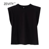 Women fashion solid color shoulder pad casual T-shirts female basic o neck sleeveless knitted T shirt chic leisure tops