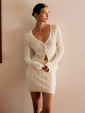 Fongt Summer New Set Knitted Hollow Deep V Collar Long Sleeves Shirt Casual Skirt