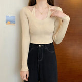 Fongt Up Spring And Autumn New Chic Sexy Chest Thin Hanging Neck Two Long-Sleeved Knitted Jersey Jersey Elastic