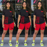 Summer New PINK Letter Print Short Sleeves Tshirt + Biker Shorts Sets Casual Two Piece Women Fashion Outfit