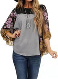 Fongt Women's Wear Bat Sleeve Print Color Swafge Round Collar Blouse T-Shirt