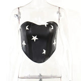 Fongt Style Star Print Leather Chest Waist Top Women's Slim Zipper Top Vest Skirt Suit-Outfit