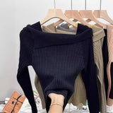 Word Shoulder Knitted Bottom Sweater Underwear Sweater Autumn And Winter Minority Design Chic Short Blouse-Outfit