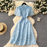 Fongt Squeer Hook Lace Dress Female French Waist Thin Temperament Short-Sleeved Long Dress 2025 Summer