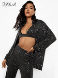 Sequins Green Long Sleeve Blouse Shirts Women V Neck Oversized 2022 Autumn Winter Black Y2K Party Top Shirt Sexy