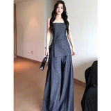 Fongt Summer New Korean Wearing A Forked Corset Loose Broad Leg Pants Denim Set