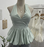Fongt Retro Hanging Neck Tie With Bare Back Sling Skirt Folded Short Sleeveless Top Woman 9225
