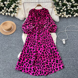 Fongt Retro Niche Print Dress Woman 2025 Autumn Strap To The Waist Round Lantern Sleeves Thin Dress