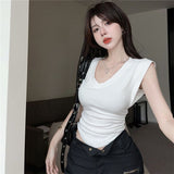Fongt Chic Thai Design V-Neck Shoulder Short Sleeve T-Shirt Women's Curved Under The Hem To Slim Short Top