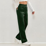 Fongt Fashion New Women's Casual Straight Pants High Waist Button Elastic Belt With Multiple