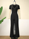 Fongt Round-Neck Short-Sleeved Nail Beads Jumpsuit Casual Wind High Waist Thin Party Dress Jumpsuit