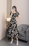 Fongt 2025 New French Holiday Collar Shoulder Short Sleeves To Show Thin Flowers Long Orange Truss Dress