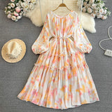 Fongt And Autumn Gentle Style Temperament Long Sleeves Low Circle To Receive The Waist Thin Long A-Word Large Pendted Dress