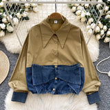 Fongt Dress Korean Fashion Design With Bow Denim Spliced Long-Sleeved Shirt Women Loose Shirt Top