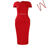 Fongt Women's 2025 Short-Sleeved Square Collar Solid-Colored High-Waisted Lotus-Leaf-Side-Side OL Pencil Skirt African Dress