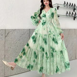 Fongt Dress Women 2025 New High-End Sense V-Neck Pearl Buckle Lantern Sleeves Wide Swing Print Long Skirt