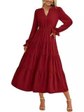 Fongt Autumn Long Dress Long Sleeve V-Neck Layered Lotle Leaves By The A-Line Cocktail Party