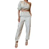 Fongt 2024 New Fashion Diagonal Collar Rotator Sleeve Top Casual Wind Pants Two-Piece Set-Outfit